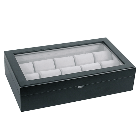 10-Piece Satin Black Finish Wood Watch Box with Glass Top