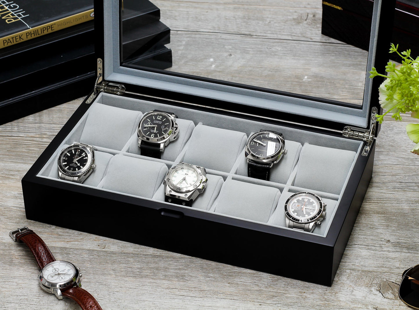 10-Piece Satin Black Finish Wood Watch Box with Glass Top