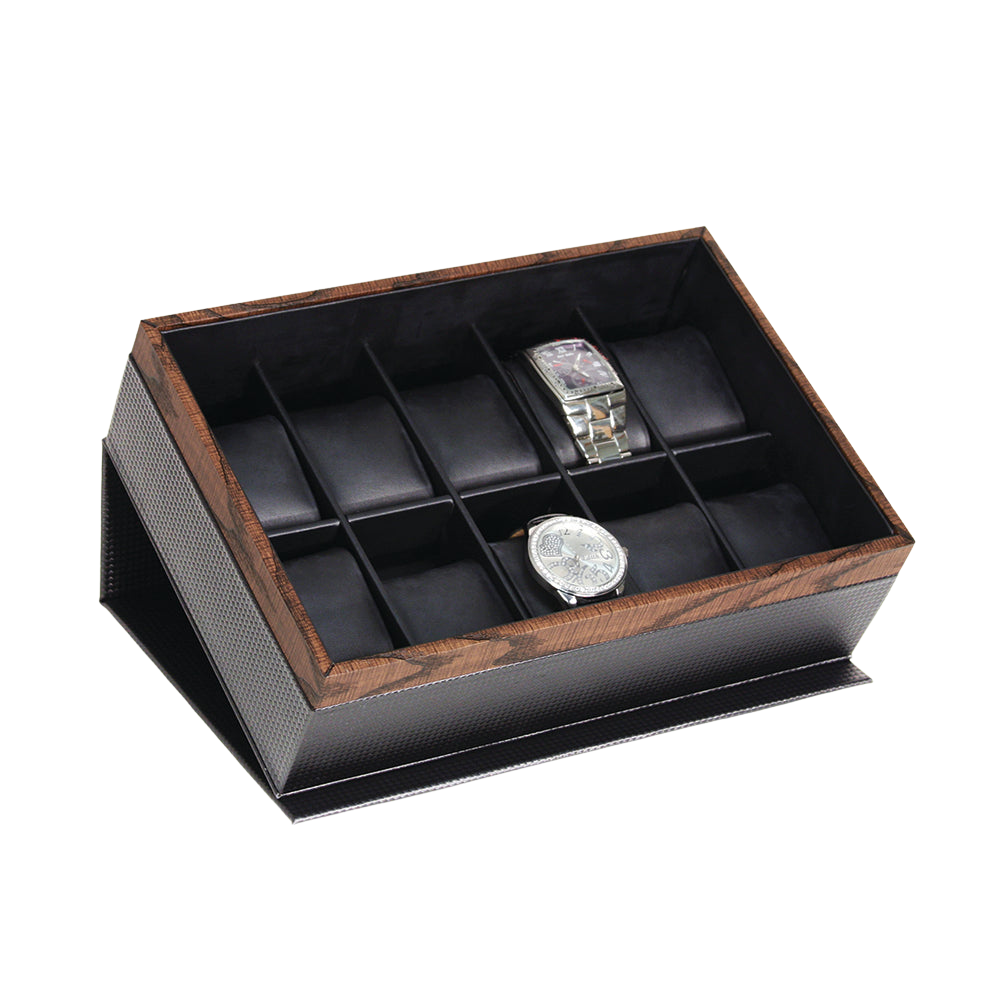 10-Piece Carbon Fiber Watch Box with Wood Grain Trim