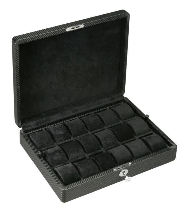 Diplomat 18-Piece Carbon Fiber Pattern Leather Watch Box – Removable Tray
