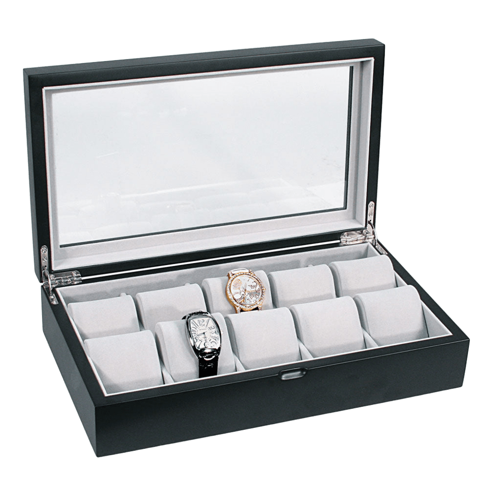 10-Piece Satin Black Finish Wood Watch Box with Glass Top