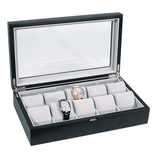 10-Piece Satin Black Finish Wood Watch Box with Glass Top