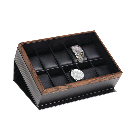 10-Piece Carbon Fiber Watch Box with Wood Grain Trim