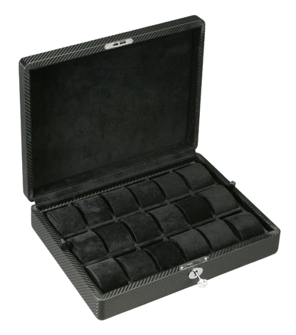 Diplomat 18-Piece Carbon Fiber Pattern Leather Watch Box – Removable Tray