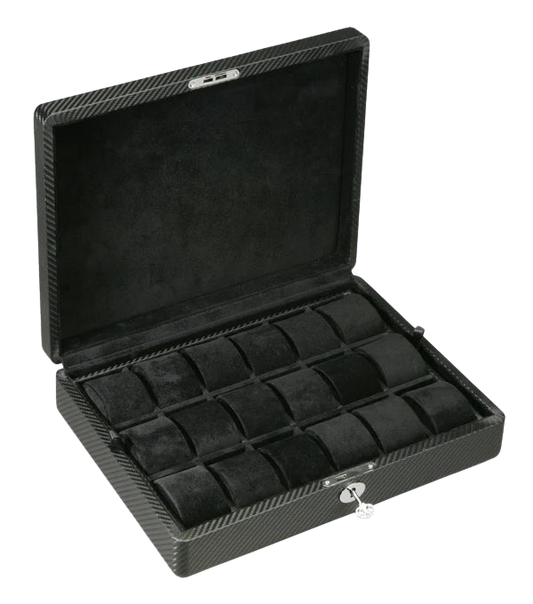 Diplomat 18-Piece Carbon Fiber Pattern Leather Watch Box – Removable Tray